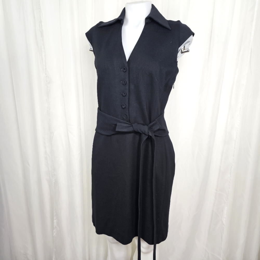 Peter Elliot Black Cap Sleeve Button-Down Ponte Dress With Tie Size 8